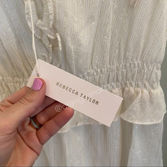 NWT Rebecca Taylor White Gold Ruffle Short Sleeve Fit Flare Mini Dress Large - Picture 9 of 14